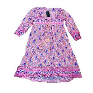 R. Vivimos Pink Floral Retro V Neck Tassel Bohemian Midi Dress Size Medium